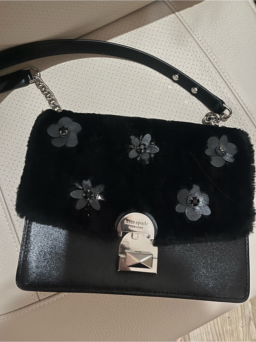 kate spade Black Floral Appliqué Fur Flap Shoulder Bag